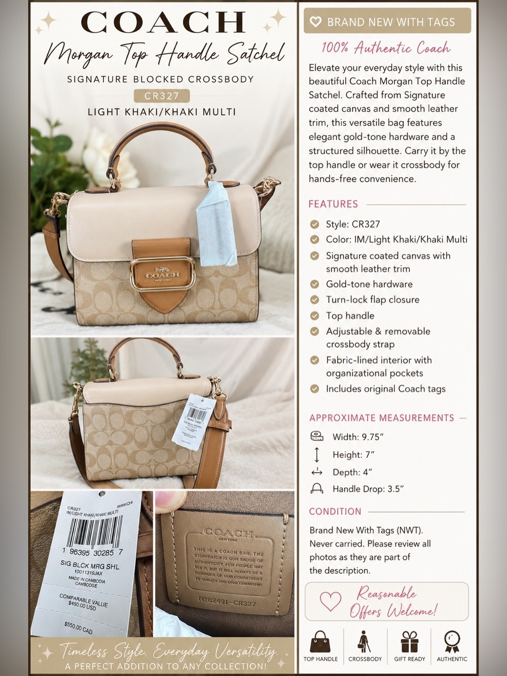 Coach Signature Morgan Top Handle Satchel Crossbody NWT CR327 Khaki Multi